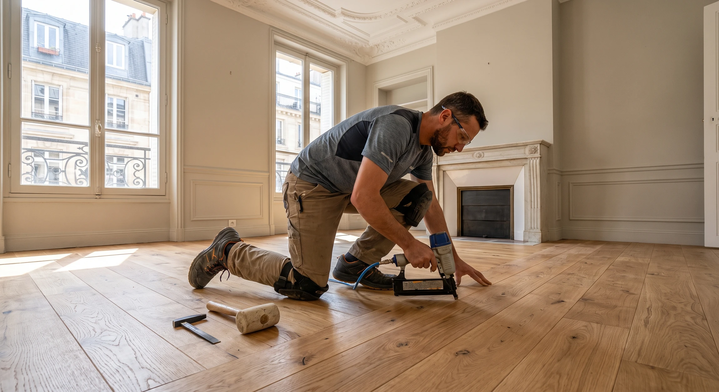 Artisan menuisier en train de poser du parquet en bois massif dans un intérieur résidentiel. L'artisan est en position de travail, fixant les lames de parquet au sol avec les outils appropriés. La scène capture le détail du geste professionnel et la qualité du bois, avec un éclairage naturel mettant en valeur la teinte du parquet et le savoir-faire artisanal. La photo doit transmettre le professionnalisme et la maîtrise technique de la pose.