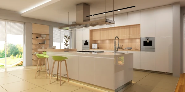 Cuisine moderne ouverte avec îlot central blanc laqué, tabourets verts en bois, plan de travail en quartz