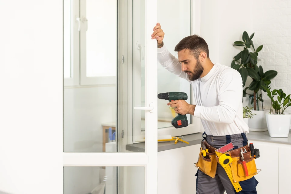 Homme en tenue de travail utilisant une perceuse-visseuse sans fil dans un intérieur moderne et lumineux