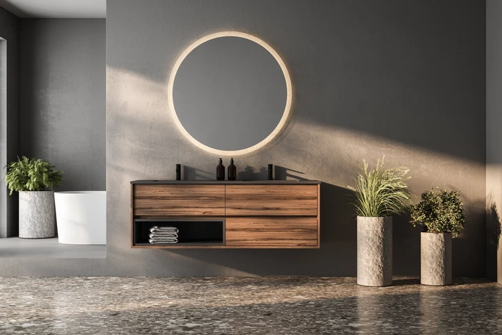 Intérieur de salle de bain moderne avec meuble vasque suspendu en bois massif, miroir circulaire rétroéclairé LED, murs gris anthracite
