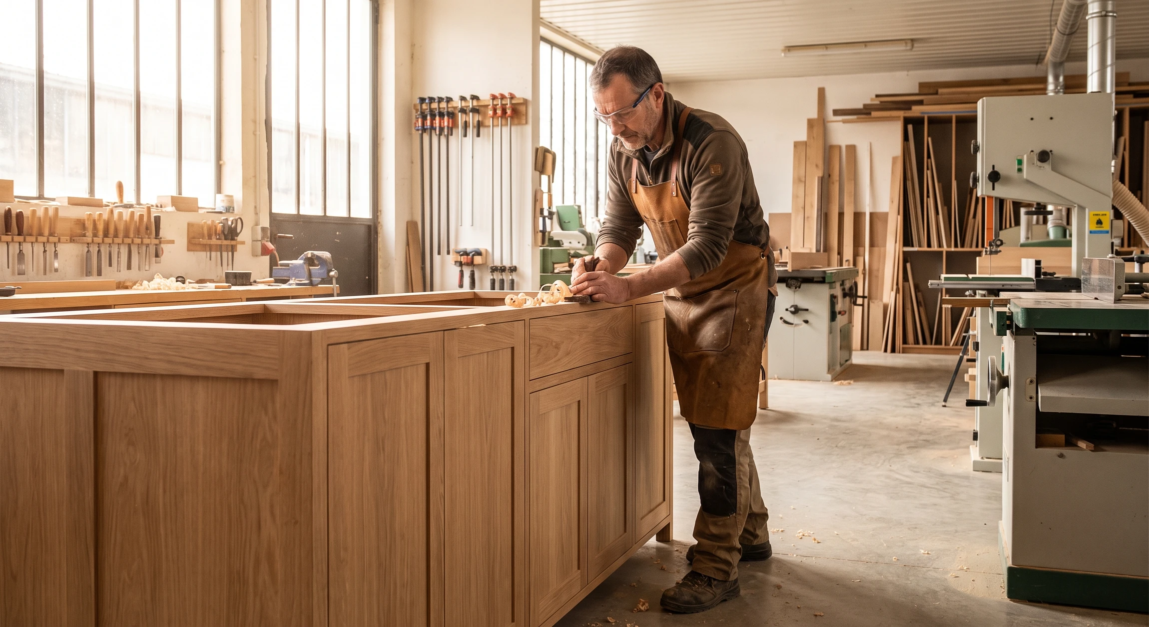 Photographie professionnelle en haute résolution montrant un artisan menuisier en tablier travaillant dans un atelier de menuiserie, en train de finaliser ou d'ajuster un meuble sur mesure en bois massif, avec des outils de menuiserie visibles en arrière-plan et de la lumière naturelle mettant en évidence la qualité du travail du bois. La scène doit transmettre l'expertise, la qualité et le soin apporté à la fabrication sur mesure.