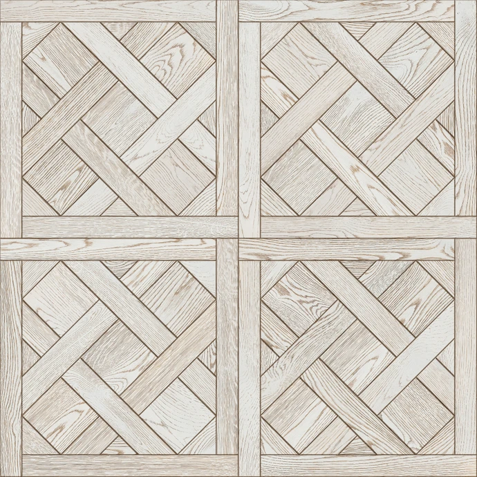 Motif de parquet en chevrons disposé en quatre panneaux rectangulaires séparés par des baguettes de bois