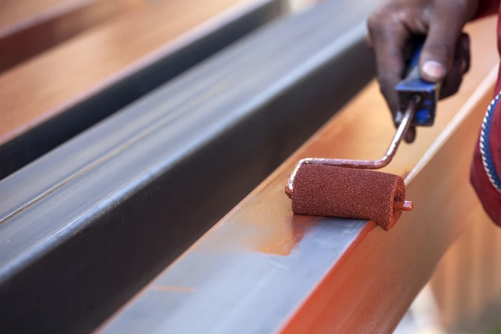 Scène d'intérieur montrant une personne appliquant une finition sur une surface en bois à l'aide d'un rouleau de peinture