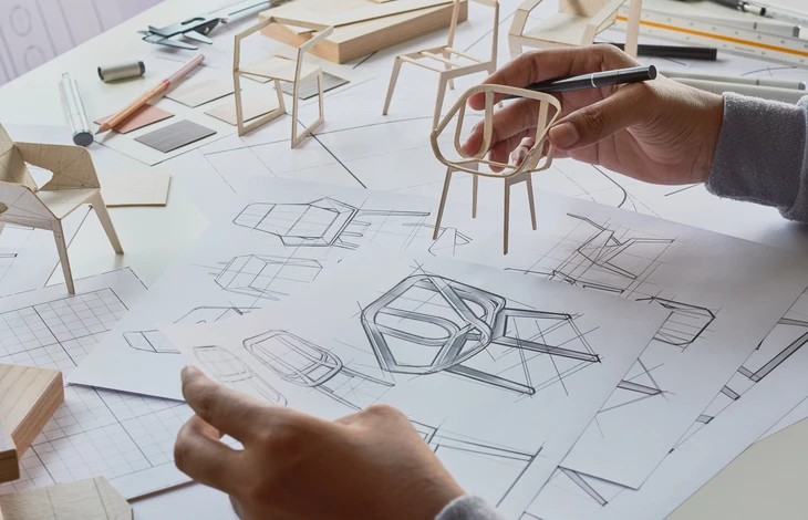 Atelier de design industriel avec designer travaillant sur croquis techniques de chaises et mobilier