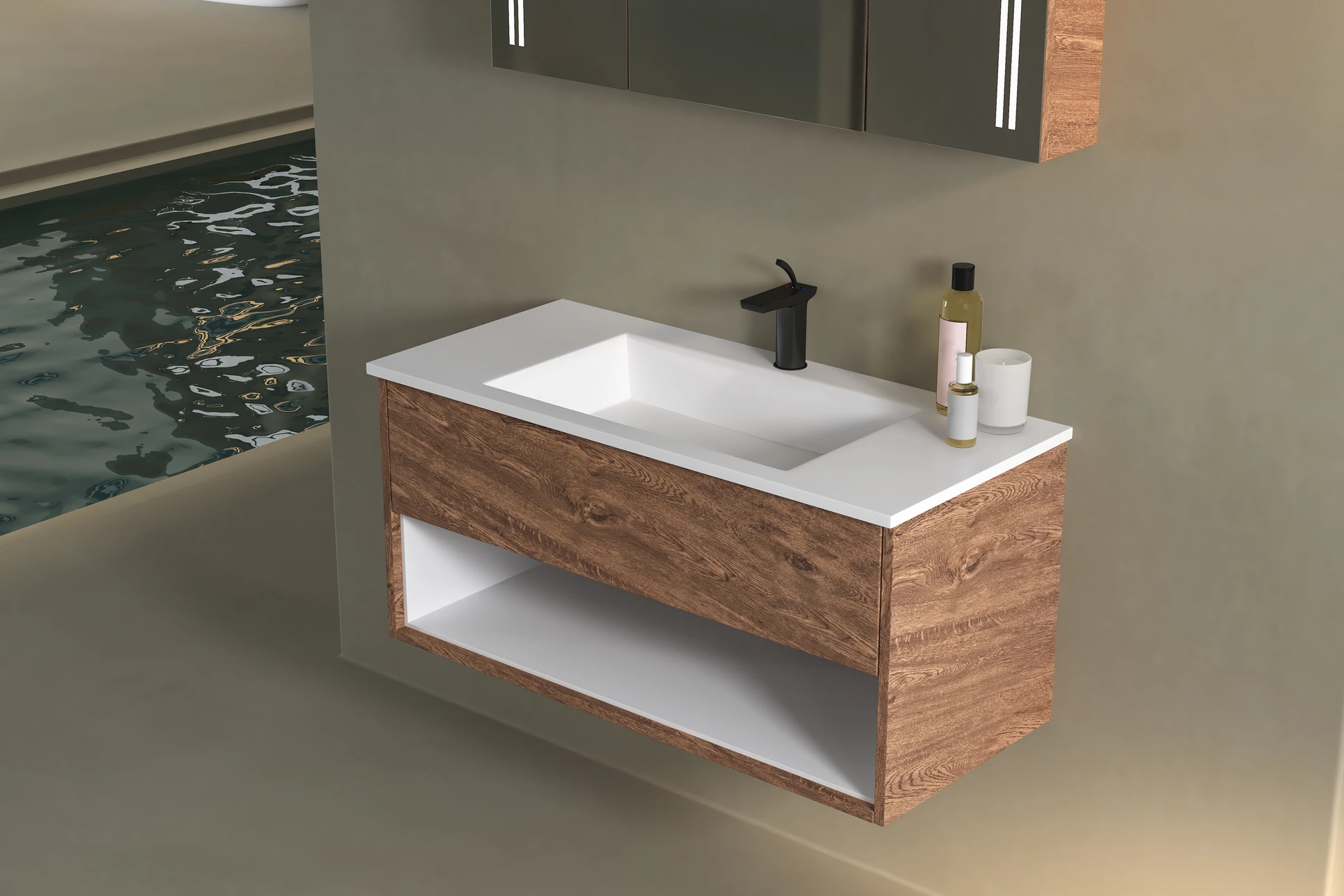 Salle de bain moderne avec meuble vasque suspendu en bois naturel et plan de toilette blanc intégré