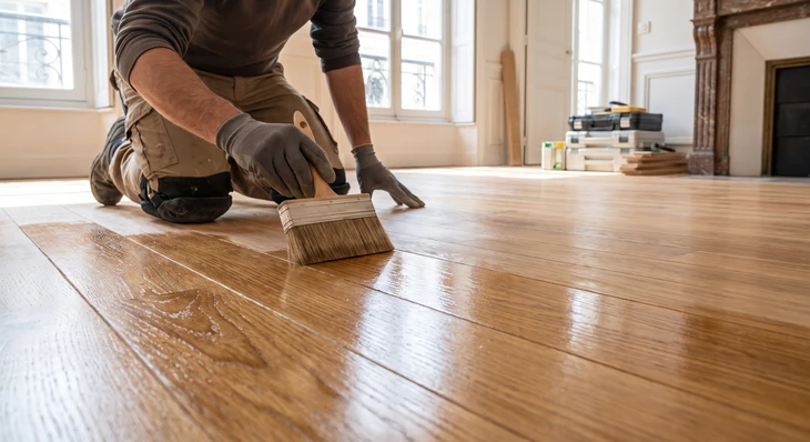 Gros plan d'un artisan appliquant une finition brillante à l'aide d'un pinceau ou d'un applicateur sur une surface de parquet en bois massif, montrant le produit de finition en cours d'application avec des reflets luisants sur le bois, dans un atelier professionnel ou un intérieur.