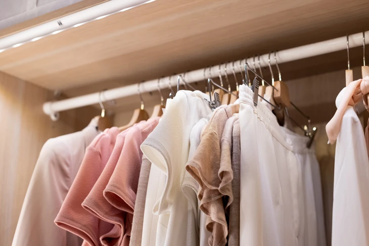 Intérieur d'un dressing ou penderie avec vêtements suspendus sur tringles