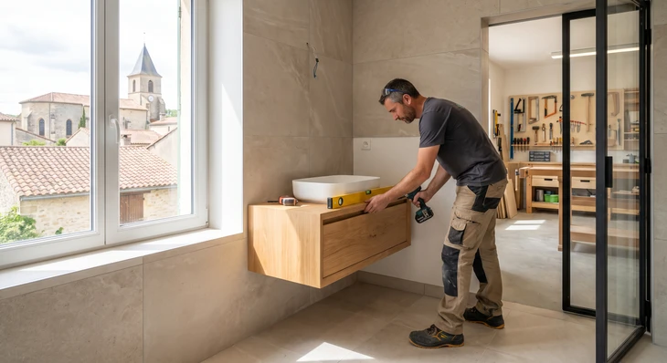 Artisan menuisier en atelier procédant à l'installation d'un meuble vasque suspendu en bois massif dans une salle de bains en cours de finition, montrant la phase de pose et d'ajustement précis du mobilier sur mesure, photographié de manière à illustrer l'expertise et le professionnalisme du travail de fabrication et installation.