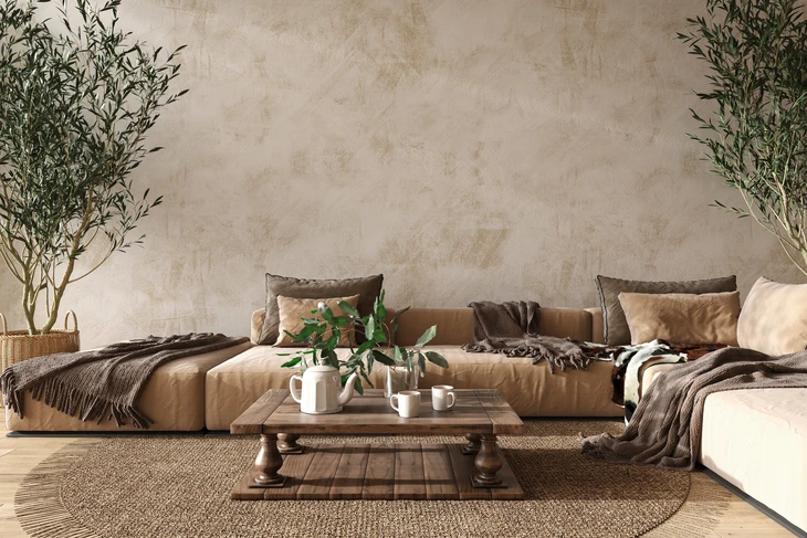 Salon moderne avec canapé beige modulaire, coussins texturés et plaids tricotés