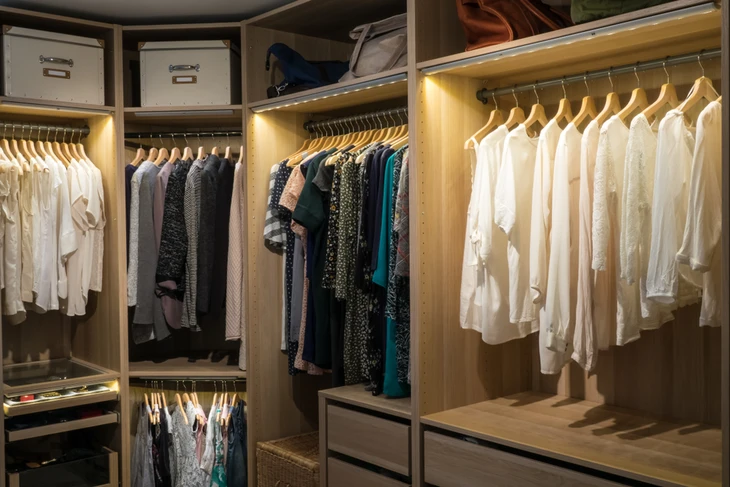 Dressing-room moderne avec rangements optimisés, vêtements suspendus sur tringles, éclairage LED intégré sous étagères