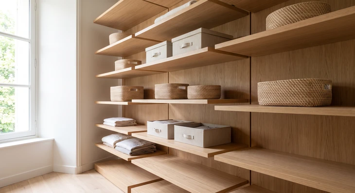Détail photographié d'une paroi de dressing avec des étagères en bois massif clair, ajustées à différentes hauteurs, présentant de beaux accessoires de rangement (paniers tissés, boîtes de rangement), mettant en avant l'organisation modulaire et la qualité des matériaux. Éclairage naturel doux mettant en valeur les finitions du bois. Aucune personne visible, pas de vêtements pendus. Ambiance épurée et haut de gamme.