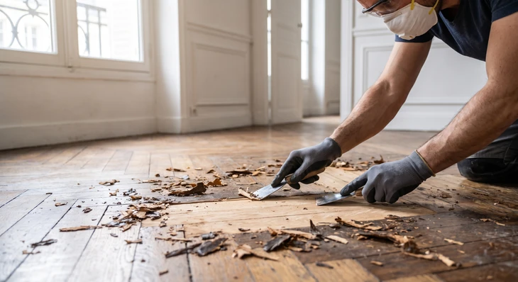 Vue rapprochée d'un artisan menuisier utilisant une spatule ou un outil de décapage pour enlever méticuleusement l'ancien revêtement d'un parquet en bois, avec des copeaux et débris visibles sur la surface de travail, l'action montrant clairement l'élimination du matériau ancien avant la mise à nu du bois.
